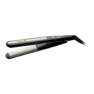 Prostownica do włosów Remington Sleek & Curl S6500 z płytkami w złotych tonach, cyfrowy ekran pokazujący 230°C, trzy przyciski pod wyświetlaczem oraz kabel podłączony do uchwytu.