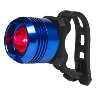 Bike Lamp LED-baksidan från Kayoba har en glödande röd LED, metalliskt blå finish och räfflad yta. Den fästs enkelt på din cykel med en svart gummirem.