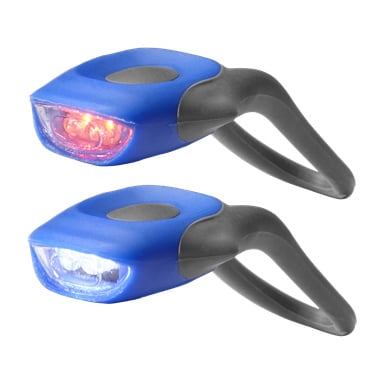 Zwei blaue und schwarze Kayoba Bike-Lampen sind zu sehen, LED-Modelle für den Einsatz vorne oder hinten. Eine strahlt ein rotes Licht aus, die andere ein weißes Licht, jeweils mit flexiblen Gurten für eine einfache Befestigung.