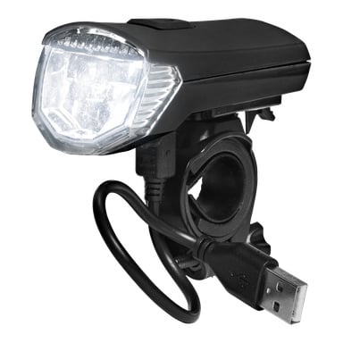 Kayoba LED-cykellampan, fram är en svart strålkastare med en stark LED-lampa, hexagonala lins, styrhållare och en rektangulär toppknapp. Inkluderar USB-kabel för laddning.