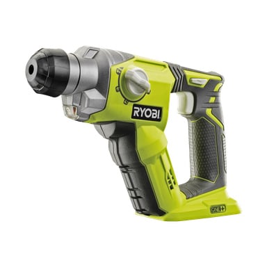 En batteridriven hammarborr från Ryobi One+ med ett texturerat grepp i grönt, svart och grått är avbildad.