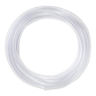 En klar, flexibel plastslang från Hamron är prydligt lindad i en cirkulär form.