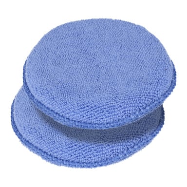 Två runda blå Poleringspads i 2-pack från Hamron med texturerade mikrofiberytor och färdiga kanter, staplade tillsammans.