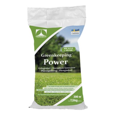 En vit och grön Tergent Greenkeeping Power gräsmattegödselpåse för gräsmatta, med en frodig gräsmattebild, 300 m² yta, 7,5 kg.