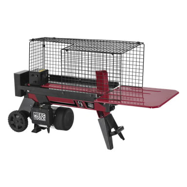 Ein rot-schwarzer Meec Tools Holzspalter mit Sicherheitsvorrichtungen, einem stabilen Metallrahmen, zwei Rädern für Mobilität, einem Elektromotor und einem speziellen Bereich zum Spalten von Baumstämmen.