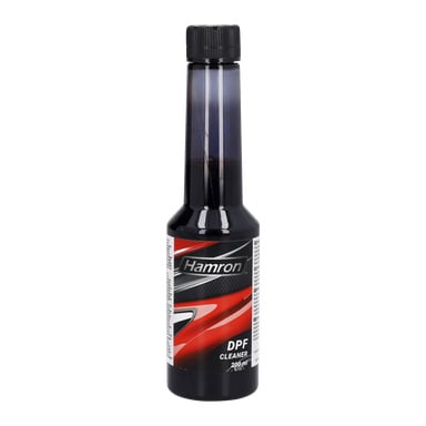 En 200 ml svart plastflaska för Hamron DPF-rengöring med räfflad kork och en röd, svart och silverfärgad etikett, avsedd för underhåll av dieselpartikelfilter i fordon.