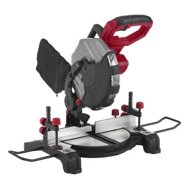 Meec Tools Multiseries MS-18V HOME 500 är en batteridriven geringssåg med ett rött och svart handtag, justerbara klämmor, ett cirkulärt skärblad, dammuppsamlingspåse och solid metallbas—designad för precisa vinklade trä- eller materialsnitt.