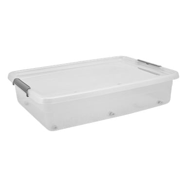 Pudełko Hard Head Under-bed to przezroczyste plastikowe pojemnik o niskim profilu, prostokątnym kształcie i szarych uchwytach po obu stronach pokrywy. Jest pusty i idealny do porządkowania rzeczy pod łóżkiem.