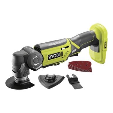 Ett Ryobi One+ Multiverktyg med svarta och gröna detaljer står bredvid flera tillbehör och en hög med triangelformade slipplattor.