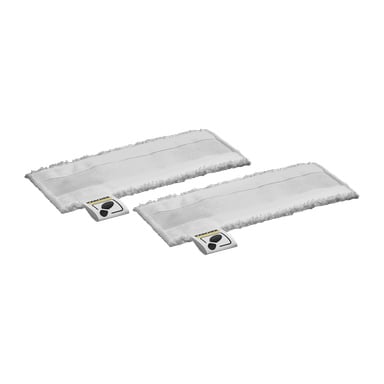 Ein Paar rechteckige weiße Mikrofasertücher von Kärcher EasyFix mit weichen, flauschigen Rändern und ein kleines Kärcher-Etikett in einer Ecke, zusammen als Set verkauft.
