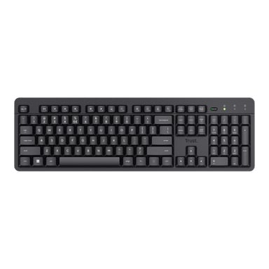 Trust Wireless-tangentbordet Ody II är ett svart tangentbord med vita bokstäver, med en fullständig QWERTY-layout, funktionstangenter, ett nummerknapp till höger och indikatorlampor för num-lås, caps lock och scroll-lås.