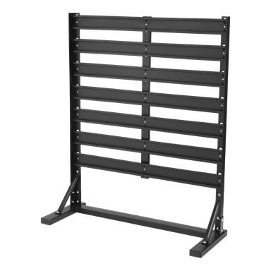 "Hard Head Floor-stället för sortimentslådor" är ett svart metallställ med slatwall med horisontella stänger och stadiga sidostöd, som visas tomt på en plan yta.