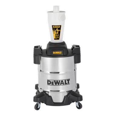 DeWalt Dust Separator DXVCS003 on ruostumattomasta teräksestä valmistettu runko, mustat vanteet ja kahvat sekä integroitu syklonipölyerotin. Ylhäällä on valkoinen suppilon muotoinen komponentti, johon on merkitty suodatustiedot.