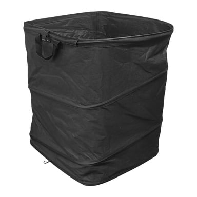 Musta suorakaiteen muotoinen Leaf Bag by Hard Head, valmistettu kokoontaitettavasta kankaasta ja kahdella sivukahvalla, seisoo pystyasennossa. Sen hieman ryppyinen pinta korostaa laukun joustavuutta ja käytännöllisyyttä.