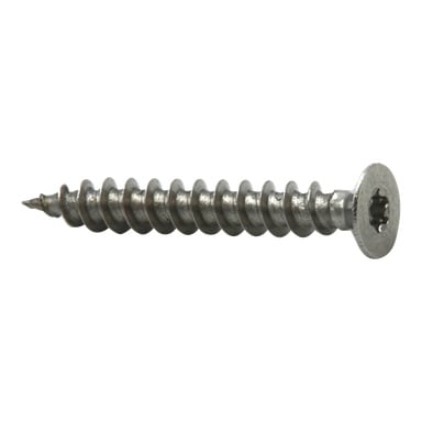 Eine Nahaufnahme einer Heco-Schraube aus einem 250er-Pack für Verbunddecke und Wandverkleidung, horizontal liegend mit flachem Kopf und scharfer Spitze.