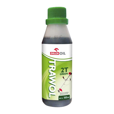 Butelka Orlen Engine Oil Trawol o pojemności 100 ml do silników dwusuwowych. Butelka ma zieloną kapsułkę i etykietę z obrazkiem trymerki do trawy oraz tekstem produktu.