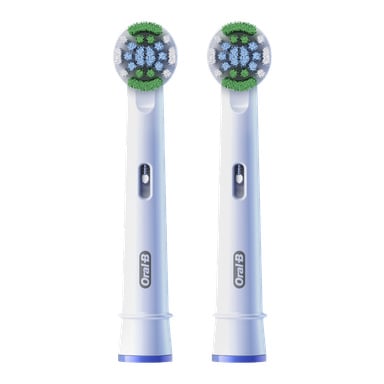 Dwa zastępcze główki pędzli Oral-B Precision Clean, każda z niebiesko-zielonym i białym włosiem, stoją pionowo obok siebie.