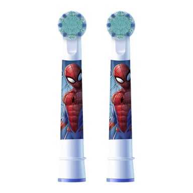 Para pędzlowych główek Oral-B Pro Kids (2 opakowania) z grafiką Spider-Mana na uchwytach, każda zwieńczona niebiesko-białym i zielonym włosiem.