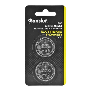 Zwei Anslut Extreme Power-Knopf-Batterien in einem Zweierpack, eingefasst in durchsichtiges Plastik, das an einer schwarz-gelben Kartonverpackung befestigt ist.