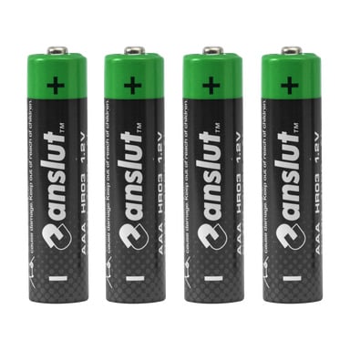 Vier schwarze und grüne Anslut Eco Power wiederaufladbare AAA-Batterien, die aufrecht stehen.