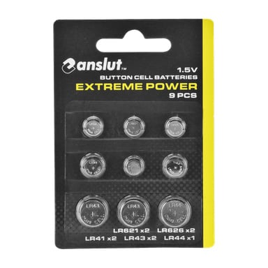 Neun Anslut Button Cell Batteries Extreme Power sind in einem schwarz-gelben Paket verpackt. Die Verpackung hebt die Marke Anslut hervor und spezifiziert die Batterietypen LR41, LR43, LR44, LR621 und LR626, wobei deren Stückzahlen darunter angegeben sind.