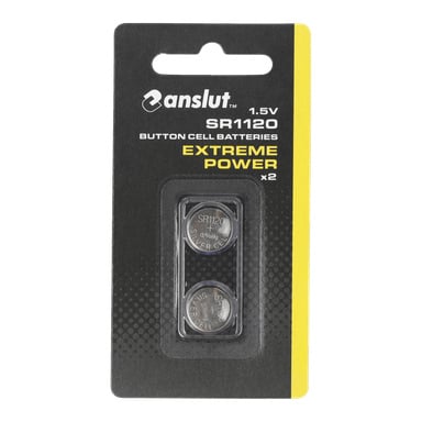 Kaksi pakettia Anslut Button Cell -paristoja Extreme Power vähittäismyyntipakkauksessa.