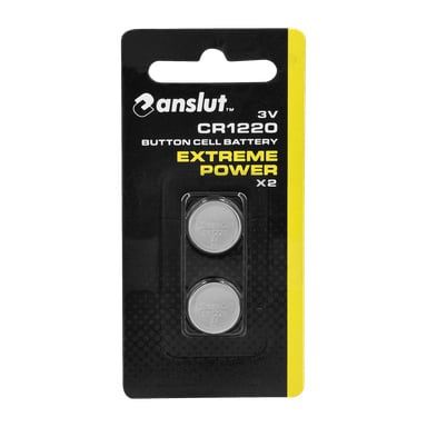 Zwei Anslut Extreme Power 3V CR1220 Knopfbatterien in einem durchsichtigen Plastikpack, angezeigt auf einer schwarz-gelben Rückseitenkarte.