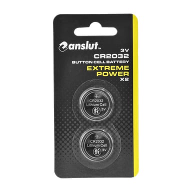 Zwei Anslut Extreme Power CR2032 3V Lithium-Knopfbatterien in schwarzer und gelber Verpackung, verkauft als Zweierpackung.