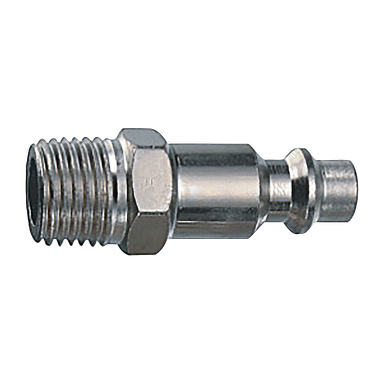 Der Meec Tools Nipple ist ein Metall-Luftschlauchverschluss, der für eine schnelle Verbindung konzipiert ist, mit einem gewindeten männlichen Ende auf der linken Seite, einem konisch zulaufenden glatten Ende auf der rechten Seite und einer zentralen Sechskantmutter zum Anziehen.