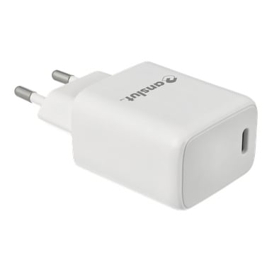Biała ładowarka USB ścienna z dwoma europejskimi bolcami i jednym portem USB-C, z widocznym logo Anslut po boku.