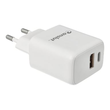 Ein weißes Anslut-Ladegerät mit einem europäischen Stecker, der einen USB-A-Anschluss und einen USB-C-Anschluss vorne bietet. Das Anslut-Logo erscheint an der Seite.