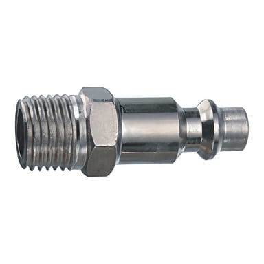 Et detaljert nærbilde av en Meec Tools Nipple pneumatisk hurtigkobling, som viser den gjengede enden til venstre og den glatte, avsmalnende enden til høyre.