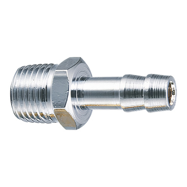 Eine detaillierte Nahaufnahme der Meec Tools Schlauchnippel, die eine glänzende, reflektierende silberne Metalloberfläche zeigt. Das linke Ende hat Gewinde und eine sechseckige Mutter, während das rechte Ende zu einer glatten, gerippten Düse verjüngt.