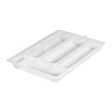 Et hvitt plastredskapsbrett med fem separate seksjoner, perfekt for å sortere gafler, kniver, skjeer og andre kjøkkenredskaper i en skuff. Det rektangulære designet og den elegante finishen bidrar til å holde bestikket organisert og lett tilgjengelig.
