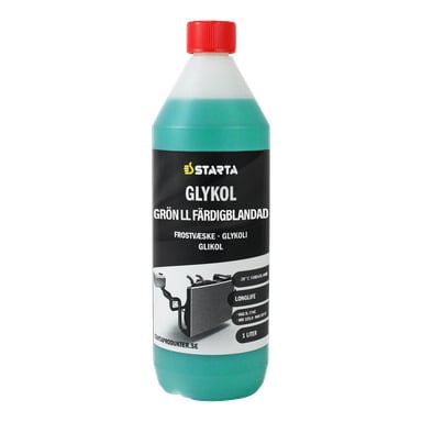 Butelka płynu chłodniczego Starta Glycol Ready-mixed Longlife z czerwoną nakrętką. etykieta zawiera szczegóły produktu, napis "Grön LL Färdigblandad" oraz zdjęcie chłodnicy samochodowej.