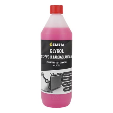 En 1-liters flaske Starta Glycol Ready-mixed G12Evo Longlife, med produktinformasjon på etiketten sammen med en radiatorillustrasjon.