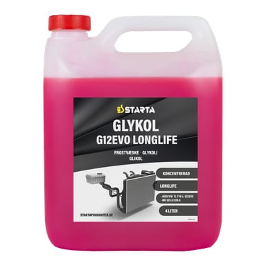 En gjennomsiktig plastbeholder med 4 liter rosa væske, merket som Starta Glycol Concentrate G12Evo Longlife. Etiketten inneholder produktdetaljer og et bilde av en bilradiator.