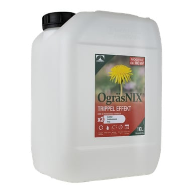 En 10-liters plastburk med Tergent Weed Vinegar OgräsNIX Trippel Effekt, med en maskros på etiketten tillsammans med användningsanvisningar och betoning på dess "Trippel Effekt." Behållaren har en svart skruvlock placerad uppe till vänster.