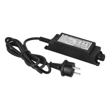 En svart Anslut Connectable System-strömadapter med rektangulär form och tvåpolig kontakt, som visar tekniska detaljer på ytan. En spiralad kabel sträcker sig från enheten.
