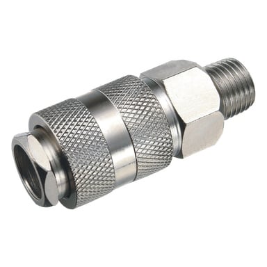 Eine detaillierte Ansicht der Meec Tools Schnellkupplung zeigt ihre Metallkonstruktion mit einem geräffelten Griff, einem sechseckigen Segment und Gewindespitzen, die für den Einsatz mit pneumatischen oder hydraulischen Schläuchen gedacht sind.