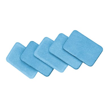 Fem blå rektangulære pads fra Mr Mosquito's Refill 30 Pack vises i en forskjøvet, overlappende oppstilling.