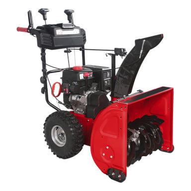 Der Meec Tools Snowblower ist eine zweistufige benzinbetriebene Maschine in Rot und Schwarz, mit großen Reifen, zwei Griffen und einem Scheinwerfer, der am Bedienfeld montiert ist. Die Vorderseite hat eine Schnecke zum Schneeräumen und eine Schacht, um zu steuern, wohin der Schnee freigesetzt wird. Das Bild zeigt den Schneefräser von der vorderen rechten Seite.