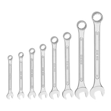 Acht Kombischlüssel aus dem Meec Tools 8-teiligen Set sind in Größenordnung angeordnet, wobei die offenen Enden nach unten zeigen und die Boxenenden nach oben zeigen.