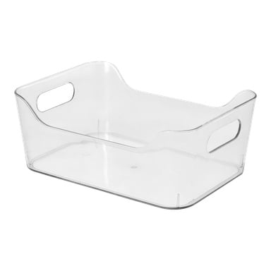 Die Hard Head Storage Box ist ein transparenter Kunststoffbehälter mit Griffen, die in jedem kurzen Ende eingebaut sind. Er hat glatt abgerundete Kanten und eine niedrige Vorderseite, was es leicht macht, innen zu erreichen. Die Aufbewahrungsbox ist leer.