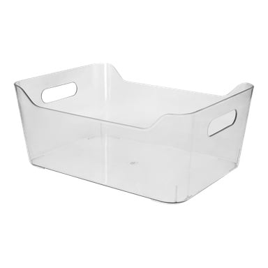 Hard Head Storage-boksen er en gjennomsiktig plastbeholder med åpen topp og to store rektangulære håndtak. Sidene er svakt buede, og den vises tom.