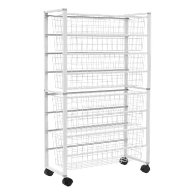Der Hard Head Basket Stand verfügt über vier Drahtkorbregale, die in gleichen Abständen angeordnet sind, von einem hohen weißen Metallrahmen getragen und mit schwarzen Caster-Rädern für eine sanfte Bewegung ausgestattet sind.