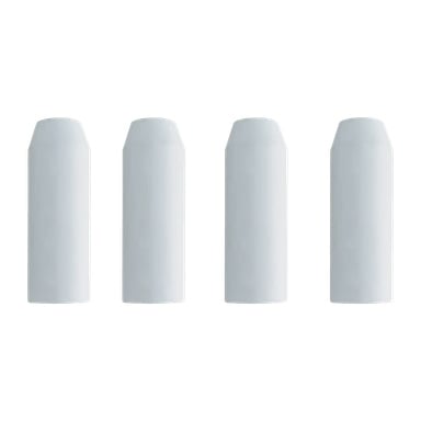 Fyra vita Meec Tools-munstycken med rundade toppar och platta bottnar är placerade vertikalt i en rad. Bilden visar Meec Tools Nozzles 4-pack.