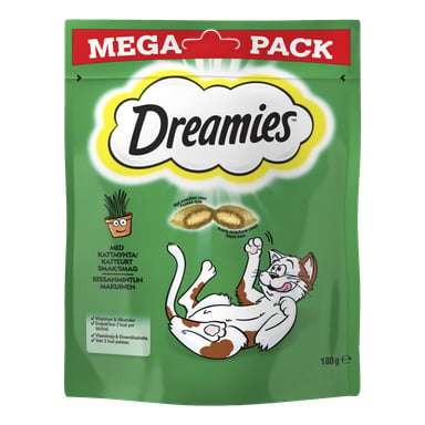 En grønn 180g Mega Pack med Dreamies kattegodbiter viser to illustrerte fylte godbiter og en munter liggende katt på emballasjen. Merkenavnet vises inne i et skyformet design.