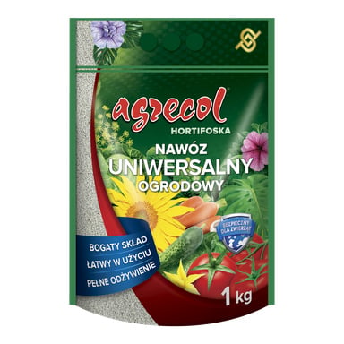 Worek Agrecol Universal Fertiliser Hortifoska o wadze 1 kg prezentuje kolorowe obrazy warzyw i kwiatów z przodu. Opakowanie to mieszanka zieleni i czerwieni, z przezroczystą sekcją, podkreślającą bogatą w składniki odżywcze, łatwość obsługi i bezpieczeństwo dla zwierząt.