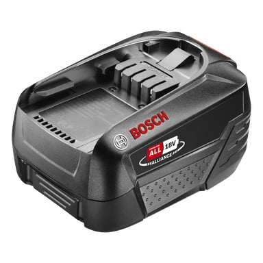 Musta Bosch Power 4 All Battery PBA 18V litiumioniakku, jossa on punainen Bosch-logo ja etiketti "ALL 18V ALLIANCE." Siinä on näkyvät latauskoskettimet ja teksturoidut sivut, jotka on suunniteltu parempaan pitoon.